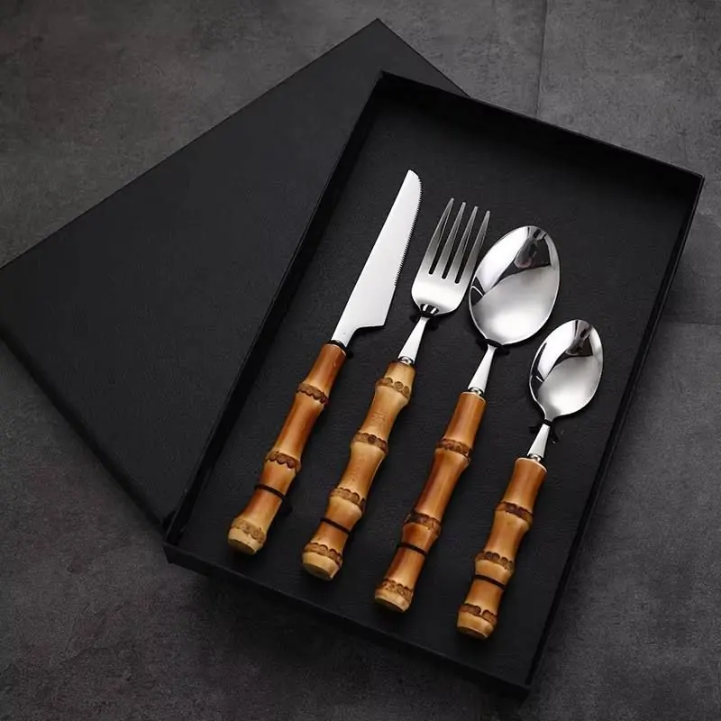 Bamboo Handle Stainless Steel Cutlery Set — Gift-Boxed, with Custom Logo