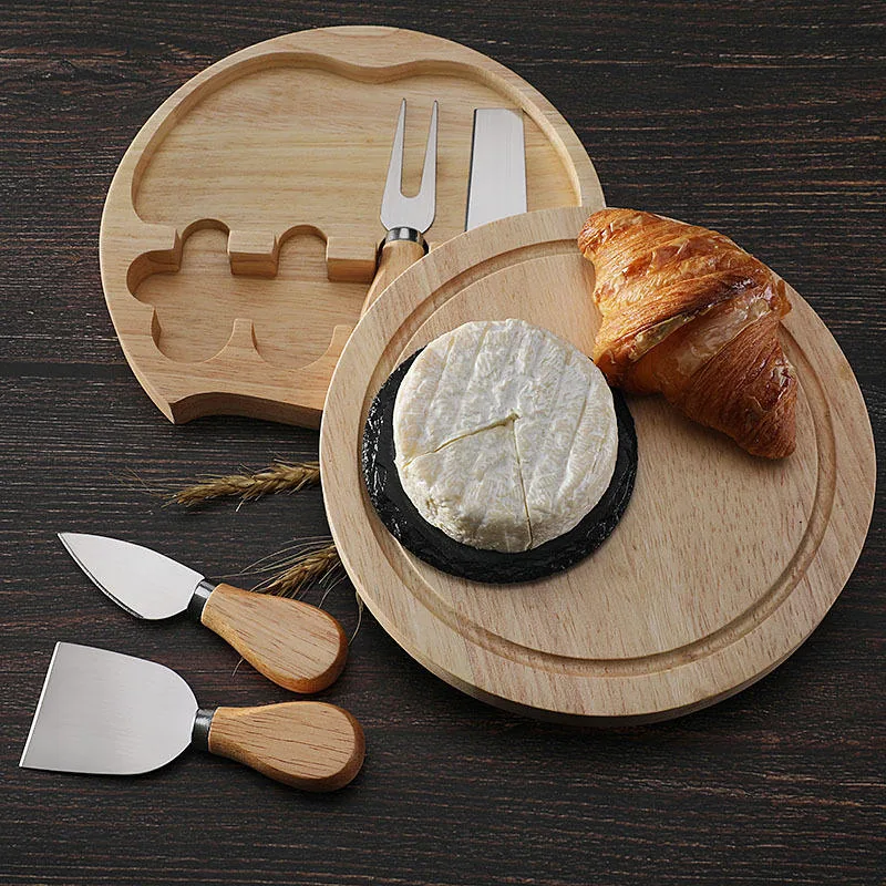 Cheese Board & Tool Set — Round Wooden Board, 4 Tools