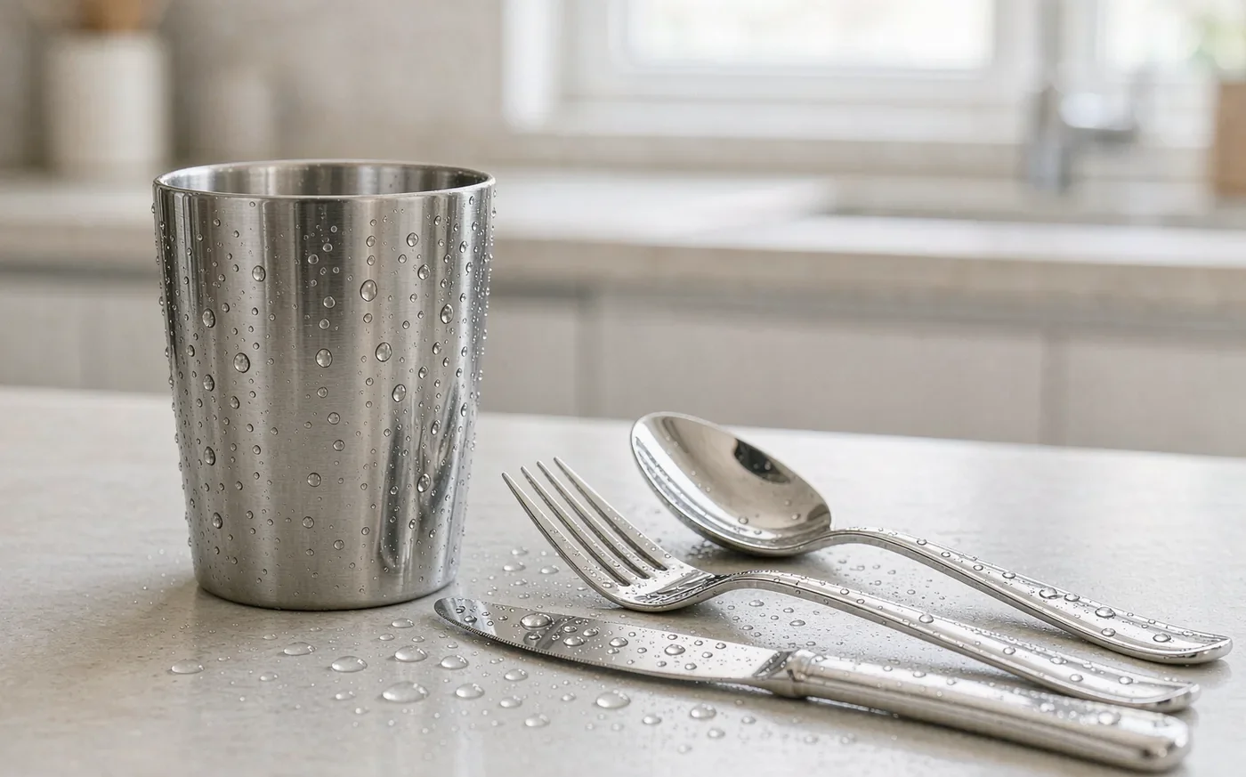Polished stainless steel cutlery with water droplets fresh from a dishwasher