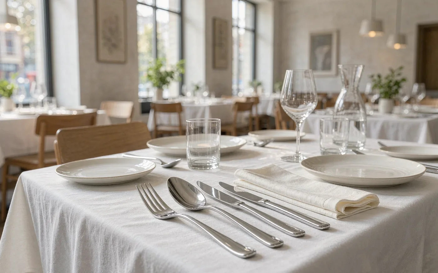 Elegant stainless steel cutlery set on a white tablecloth in a bright European dining room