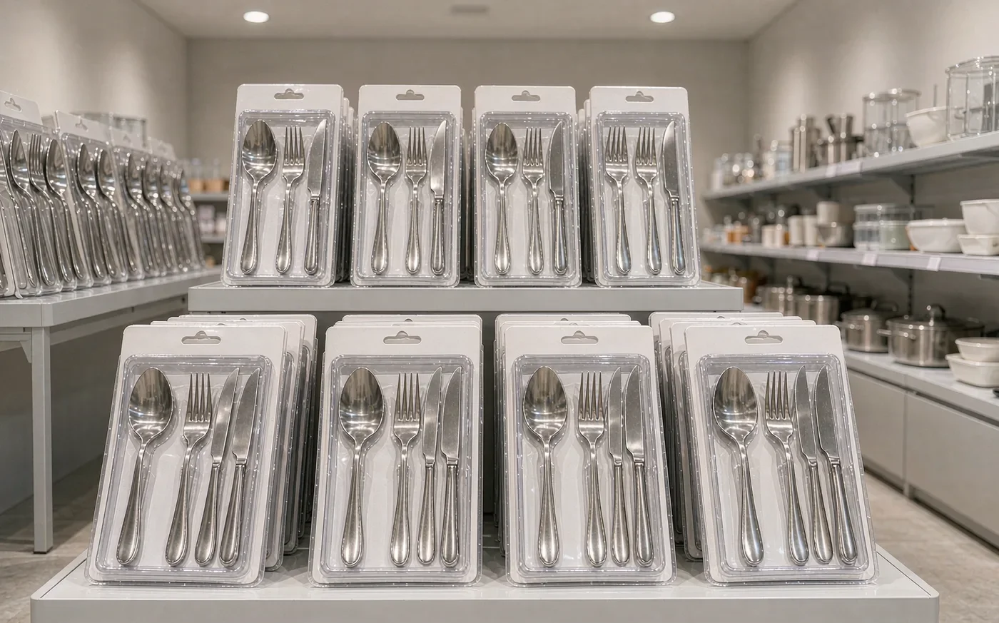 Packaged cutlery sets displayed on a bright supermarket shelf