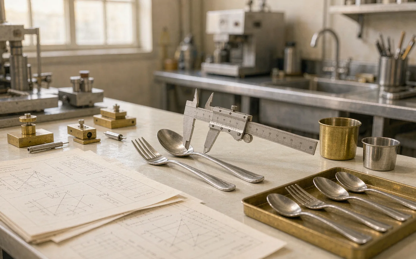 Workshop bench with technical drawings and a caliper measuring a stainless cutlery sample