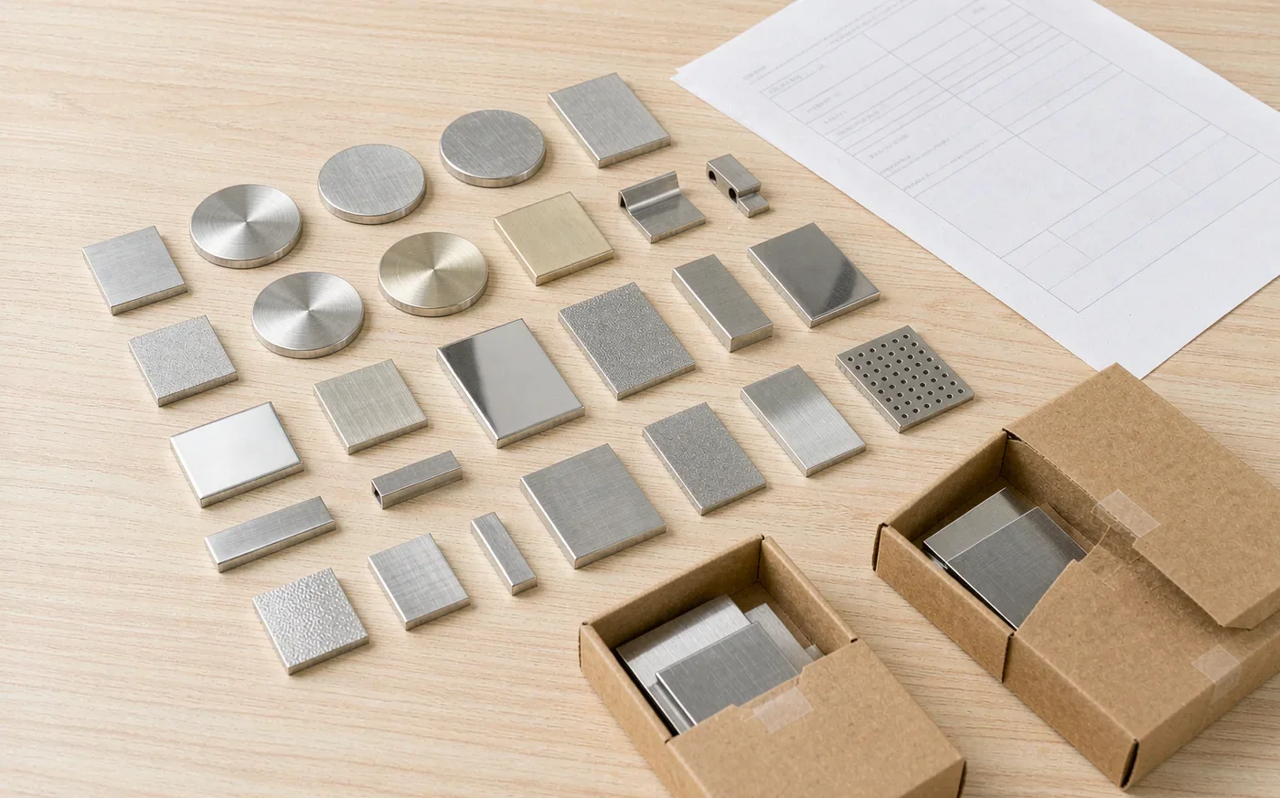 Assorted stainless steel product samples with different finishes on a desk