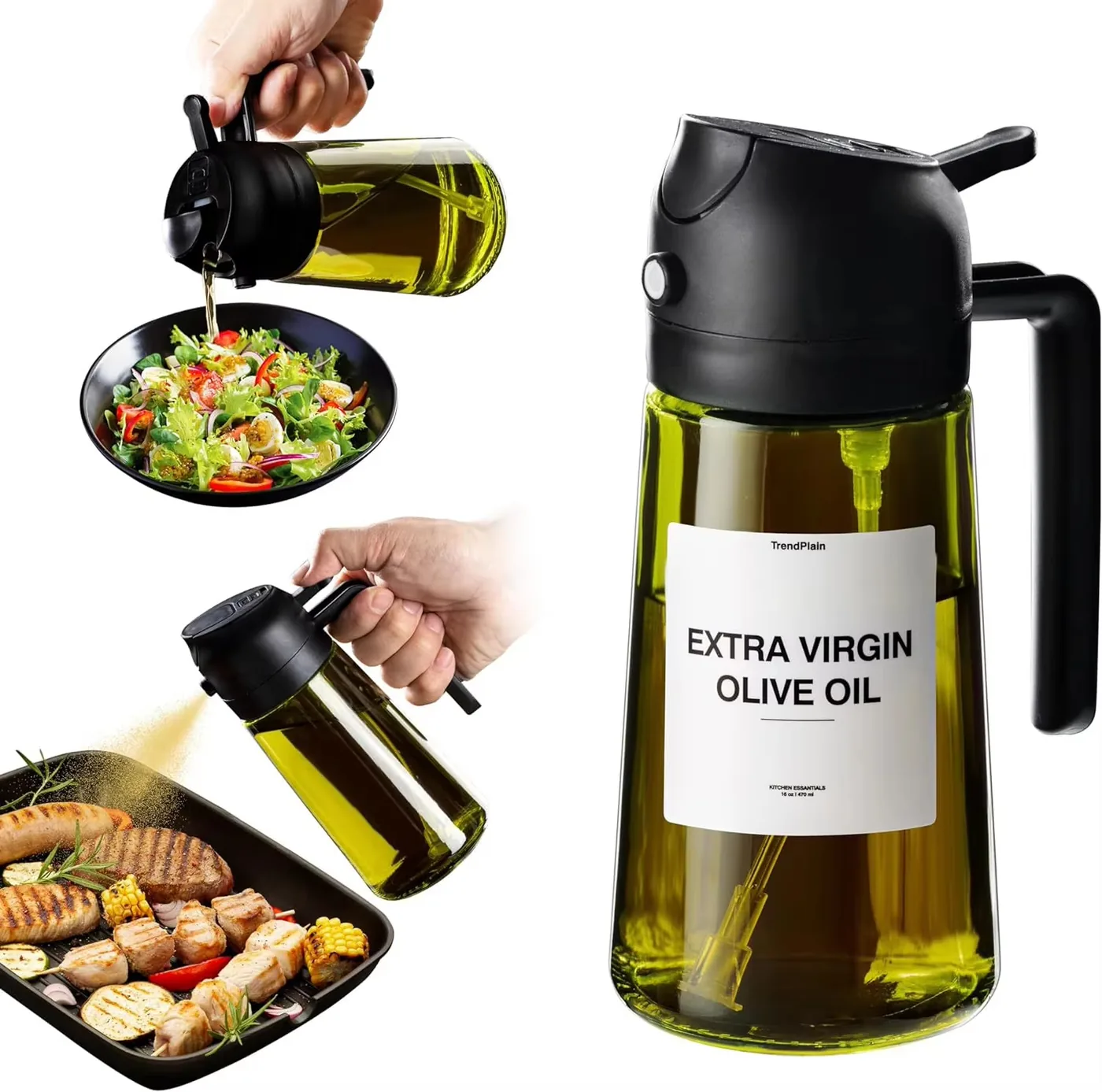 2-in-1 Olive Oil Sprayer & Dispenser — 16oz Dark Glass
