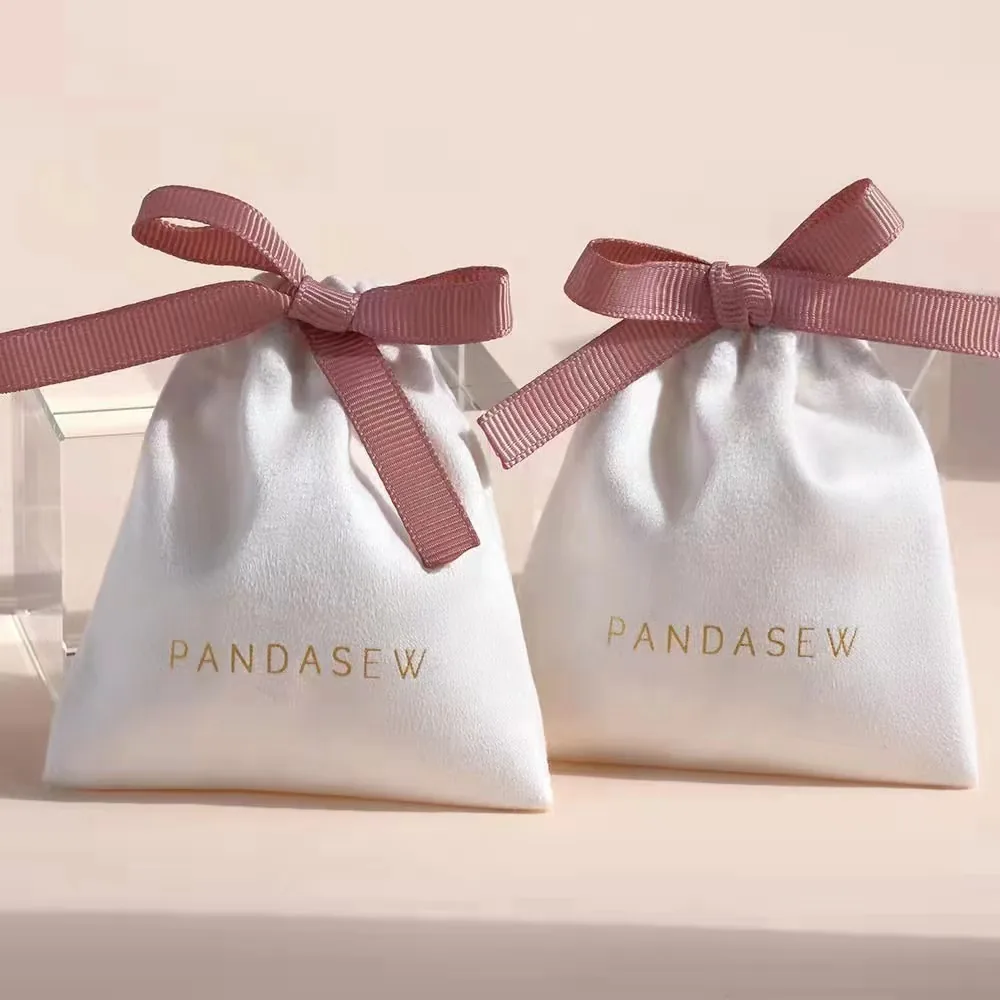 White Velvet Pouch with Ribbon Bow — Custom Logo